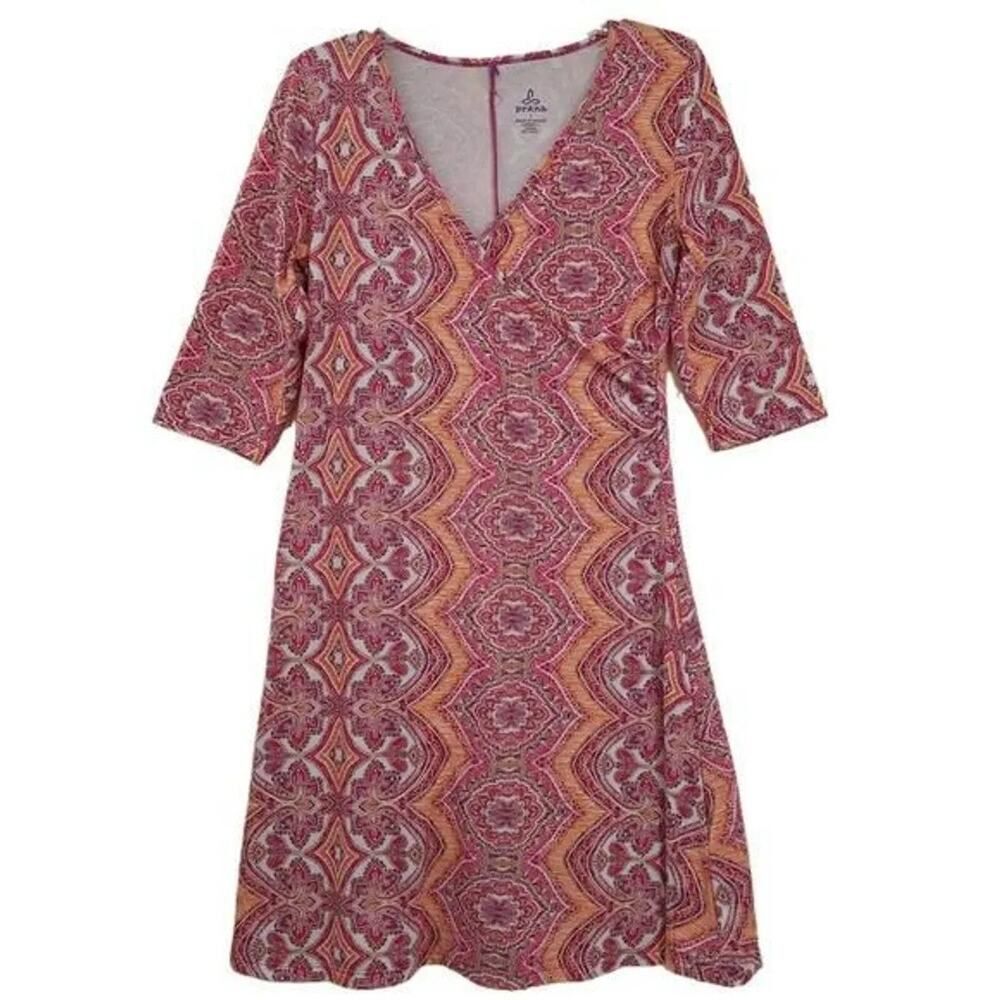 prAna Nadia Veeda Pink Orange Faux Wrap Dress Size Large